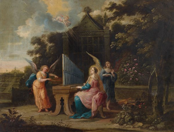 Main Product Photo of Saint Cecilia at the organetto in a garden Painting by Abraham Willemsen