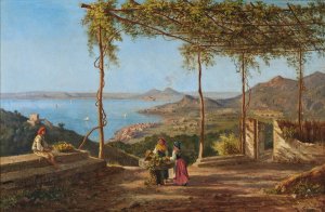 Grape pickers above Sorrento, Vesuvius beyond by Achille Solari Oil Painting