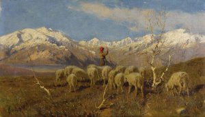 A Herder and Flock Grazing in the Alps by Achille Tominetti Oil Painting