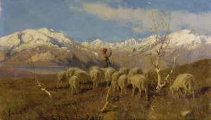 A Herder and Flock Grazing in the Alps Oil painting by Achille Tominetti