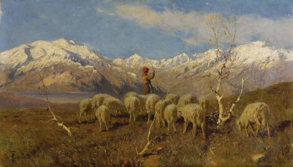 Main Product Photo of A Herder and Flock Grazing in the Alps Painting by Achille Tominetti