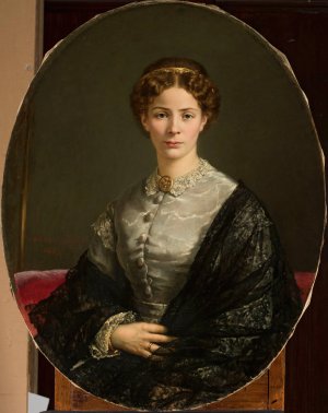 Portrait of a lady in a lacy scarf by Adalbert Begas Oil Painting