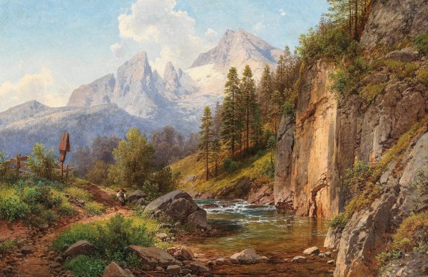 A View of the Watzmann Mountain  by Adalbert Waagen - Hand-Painted Oil Painting Reproduction