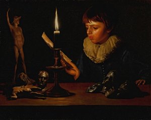 Boy behind a table with statuettes reading by candlelight by Adam De Coster Oil Painting