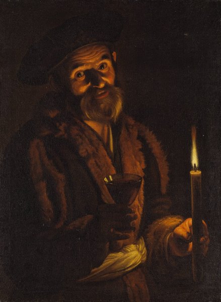 Old Man Holding a Candle and a Glass by Adam De Coster - Hand-Painted Oil Painting Reproduction