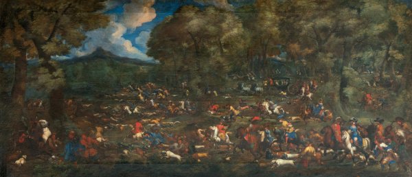 Main Product Photo of Elegant figures on horseback and in carriages following a hunt Painting by Adam Frans Van Der Meulen