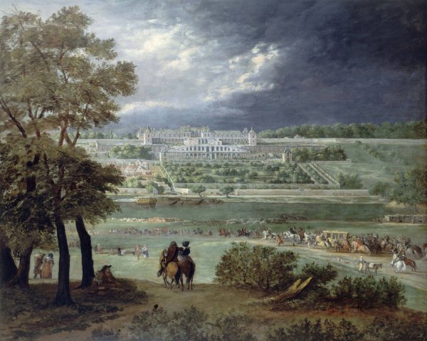 Main Product Photo of Le Chateau Neuf de Saint-Germain-en-Laye et les jardins, vus de la rive droite de la Seine  Painting by Adam Frans Van Der Meulen