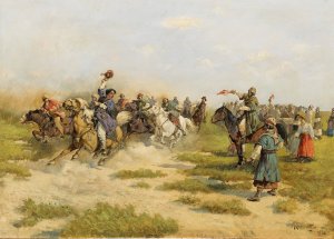 Riders Arriving at a Village by Adam Kazimierz Ciemniewski Oil Painting