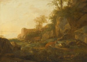 A mountainous landscape with cattle by Adam Pynacker Oil Painting
