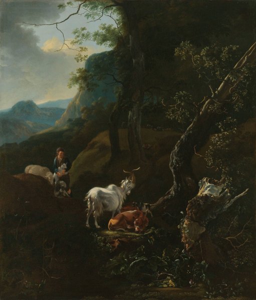 A Sherpherdess with Animals in a Mountainous Landscape  by Adam Pynacker - Hand-Painted Oil Painting Reproduction