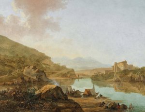 An extensive Italianate river landscape by Adam Pynacker Oil Painting
