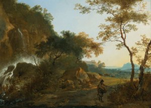 An Italianate Landscape With A Traveller On A Path By A Waterfall by Adam Pynacker Oil Painting