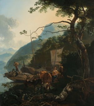 Boatmen Moored on the Shore of an Italian Lake by Adam Pynacker Oil Painting