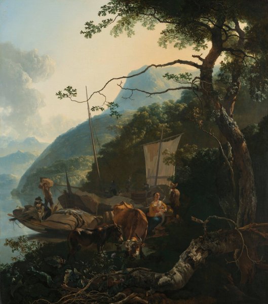 Boatmen Moored on the Shore of an Italian Lake  by Adam Pynacker - Hand-Painted Oil Painting Reproduction
