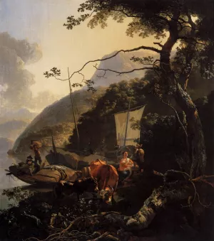 Boatmen Moored on the Shore of an Italian Lake by Adam Pynacker - Oil Painting Reproduction