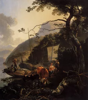 Boatmen Moored on the Shore of an Italian Lake Oil painting by Adam Pynacker