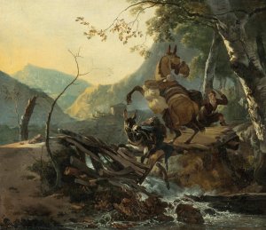 Italianate Landscape With A Donkey And A Rearing Horse Crossing A Collapsing Bridge by Adam Pynacker Oil Painting