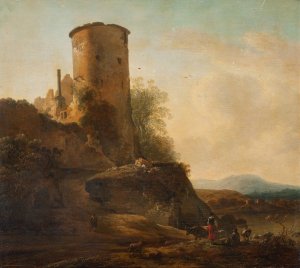 Italienskt berglandskap med borgruin, djur och figurer by Adam Pynacker Oil Painting