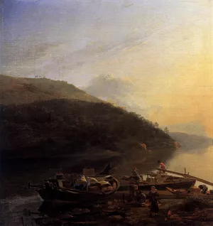 River Scene with Loaded Barges by Adam Pynacker - Oil Painting Reproduction