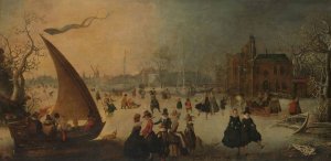 Landscape with frozen Canal, Skaters and an Ice-Boat by Adam Van Breen Oil Painting