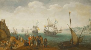 A Marine With Five Vessels Out To Sea And Another In Port, And With Groups Of Largely Male Figures Engaged In Buying Or Selling Fish Or Other Wares by Adam Willaerts Oil Painting