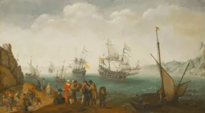 A Marine With Five Vessels Out To Sea And Another In Port, And With Groups Of Largely Male Figures Engaged In Buying Or Selling Fish Or Other Wares by Adam Willaerts Oil Painting