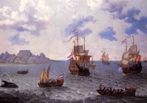 The Man War Amsterdam and other Dutch Ships in Table Bay painting by Adam Willaerts