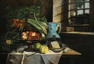 Still life with cat by Adele Evrard Oil Painting