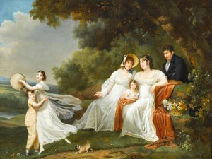 A Portrait Of A Family With Their Pug In A River Landscape by Adele Romany Oil Painting