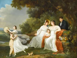 A Portrait Of A Family With Their Pug In A River Landscape by Adele Romany Oil Painting