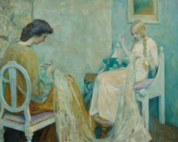 Main Product Photo of Two Ladies Sewing Painting by Adele Von Finck