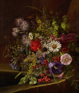 Morning Glory, Daisies, Red Currants and other Fruits and Flowers on a Ledge by Adelheid Dietrich Oil Painting