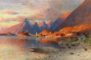 A Fjord Landscape at Sunset by Adelsteen Normann Oil Painting