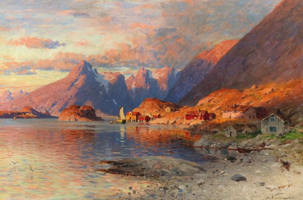 Main Product Photo of A Fjord Landscape at Sunset Painting by Adelsteen Normann