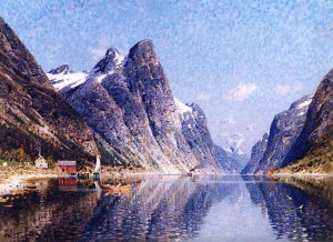 A Norwegian Fjord Scene by Adelsteen Normann Oil Painting
