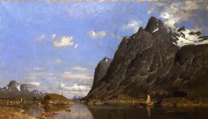 Fishing Settlement in the Lofoton Islands by Adelsteen Normann Oil Painting