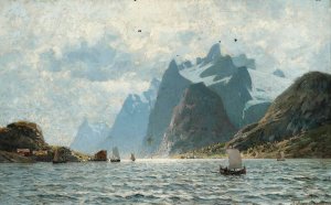 Fishing Vessels On A Norwegian Fjord by Adelsteen Normann Oil Painting