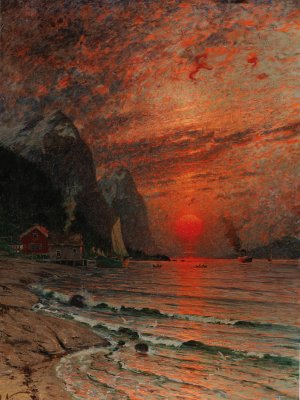 Sunset Over The Fjord by Adelsteen Normann Oil Painting