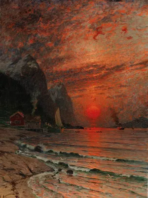 Sunset Over The Fjord by Adelsteen Normann Oil Painting