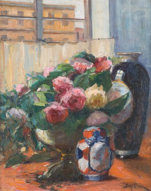 Still-Life With Peonies At The Window by Adolf Abraham Behrmann Oil Painting