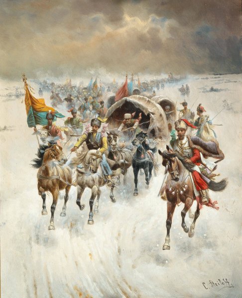 Cossack Train in a Winter Landscape by Adolf Baumgartner-Stoiloff - Hand-Painted Oil Painting Reproduction