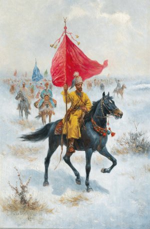 Cossacks on Horseback Bearing a Standard in a Winter Landscape by Adolf Baumgartner-Stoiloff Oil Painting
