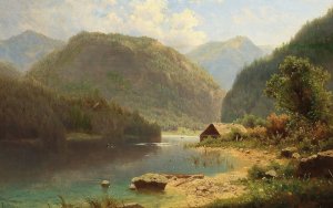 A hut on the lakeside by Adolf Chwala Oil Painting