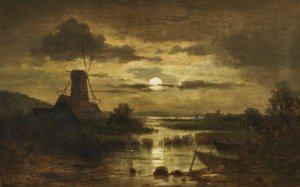Muhle im Mondschein by Adolf Chwala Oil Painting