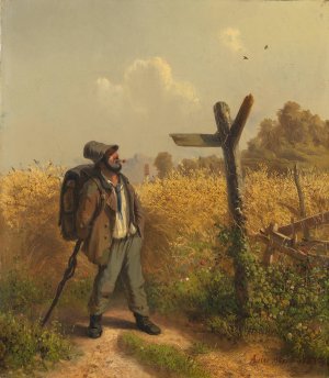 Der Landstreicher am Wegweiser by Adolf Heinrich Lier Oil Painting