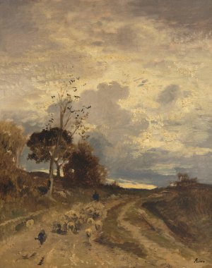 Herbstlandschaft am Abend mit heimkehrender Schafherde by Adolf Heinrich Lier Oil Painting