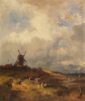 Kustenlandschaft mit Windmuhle by Adolf Heinrich Lier Oil Painting