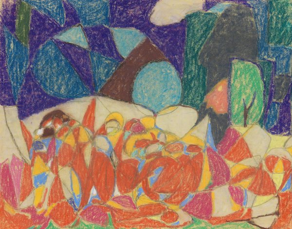 Main Product Photo of Figurengruppe unter lila-grunen Formen  Painting by Adolf Holzel