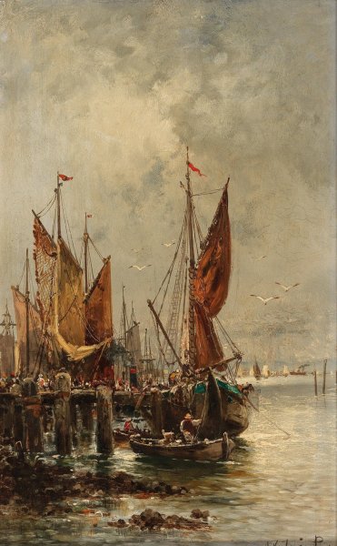 A Lively Scene in the Harbour by Adolf Kaufmann - Hand-Painted Oil Painting Reproduction