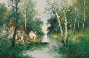 A River Landscape in Spring by Adolf Kaufmann Oil Painting